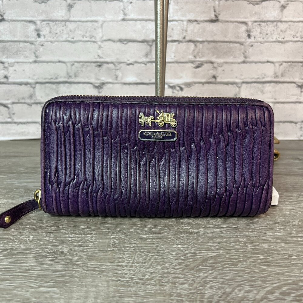 Coach Purple Leather Zip Wallet with Signature Horse & Carriage